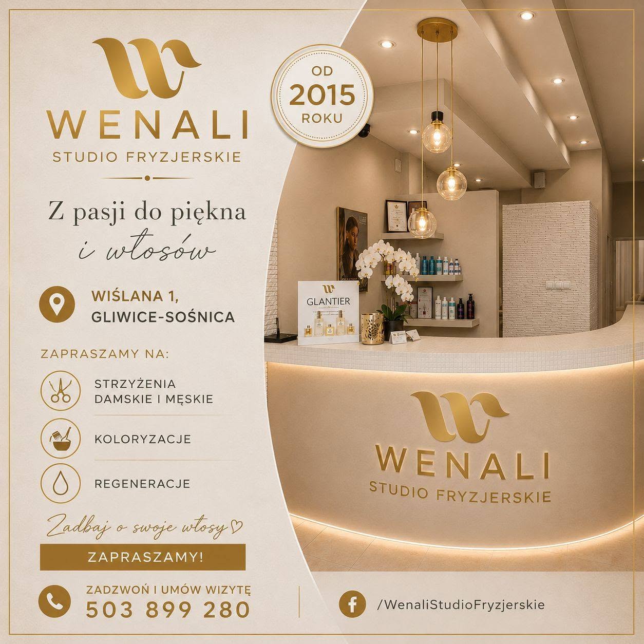 Wnętrze studia Wenali z jasną recepcją i złotym logo